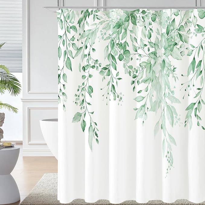 Mint Green Eucalyptus Shower Curtain, Watercolor Plant Leaves with Floral Bathroom Shower Curtain Set with Hooks, 72x72 | Watercolor Plant Leaves Floral Print, Waterproof Fabric Bathroom Decor, Machine Washable, Rustproof Grommets
