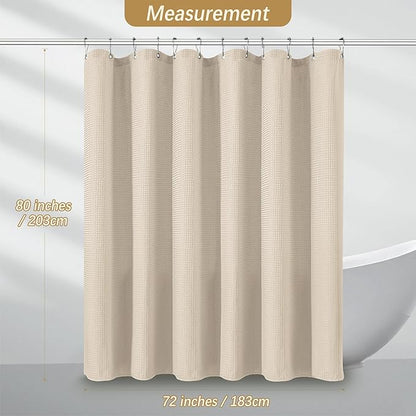 Beige Fabric Shower Curtain - Waffle Textured Heavy Duty Shower Curtains for Bathroom, 256GSM Hotel Spa Luxury Weighted Bath Curtain with 12 Hooks, 72x80, Beige