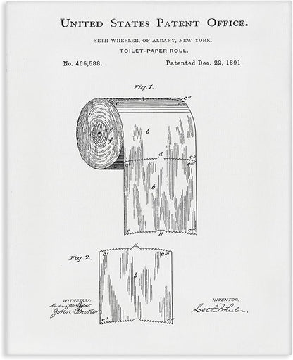 Stupell Industries 'Toilet Paper Roll Vintage Patent Minimal'| Canvas Art | Stupell Industries | 24 x 30 Inches, Easy to Hang and Sturdy, Made in USA, by Studio W