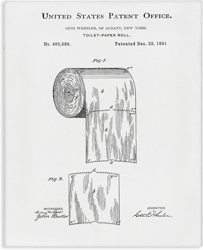 Stupell Industries 'Toilet Paper Roll Vintage Patent Minimal'| Canvas Art | Stupell Industries | 16 x 20 Inches, Easy to Hang and Sturdy, Made in USA, by Studio W
