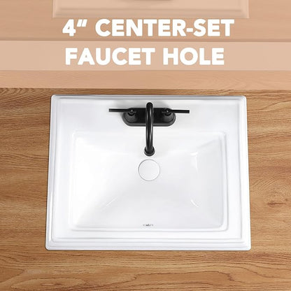 23" Drop-in Bathroom Sink with 4" Centerset 3 Hole Ceramic Basin | 23.2"x18.3", White Premium Porcelain, Self-Rimming Rectangle Design,Semi-recessed for Master Bath, Guest Powder Room Remodel