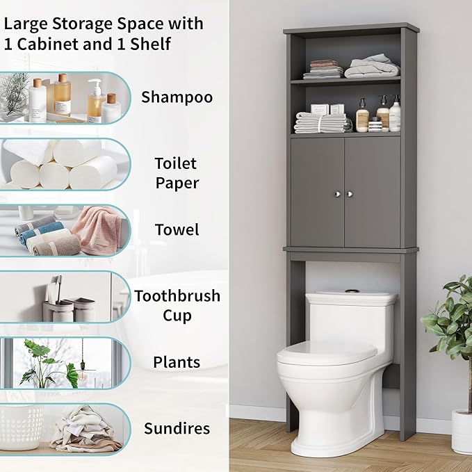 Shintenchi Over The Toilet Storage Cabinet, Bathroom Above The Toilet Rack, Bathroom Adjustable Shelf Organizer with Open Bottom Bar and Anti-Tip Device, Gray