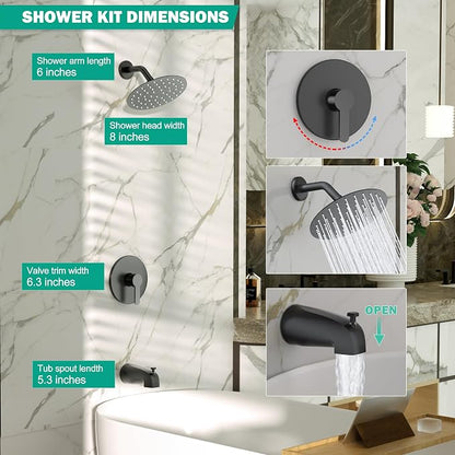Esnbia Matte Black Shower Faucet Set, 8-Inch Rain Shower Head and Handle Set, Bathtub Shower Faucet Set with Single Handle and Tub spout, Shower Valve Included, Matte Black | Single handle control, shower valve & tub spout included, dual shower & bath ...