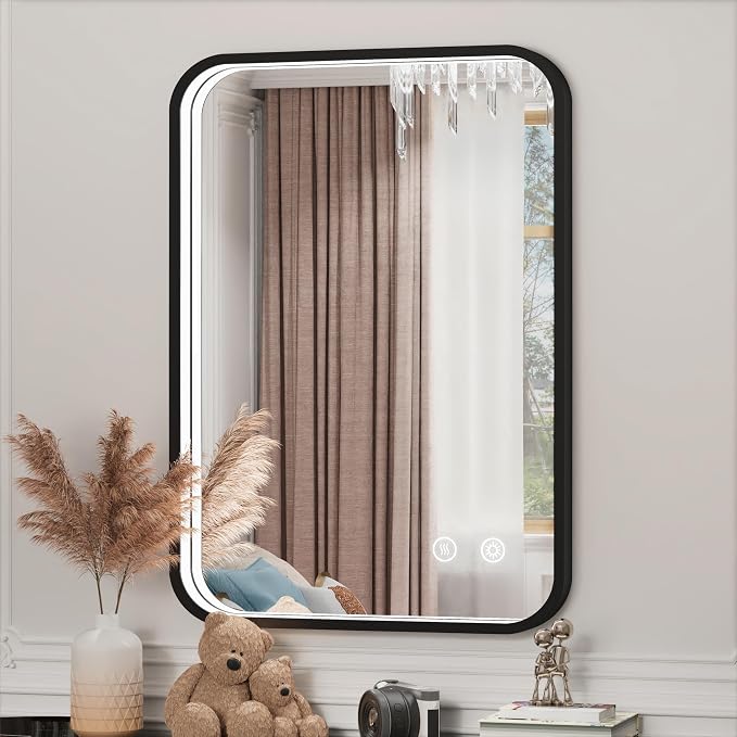20x28 Inch Black LED Bathroom Mirror with 3 Color Lights | 3000K/4500K/6000K,Stepless Dimmable,Anti-Fog,Memory Function,Aluminum Frame,ETL Listed,Wall Mounted Lighted Vanity Mirror