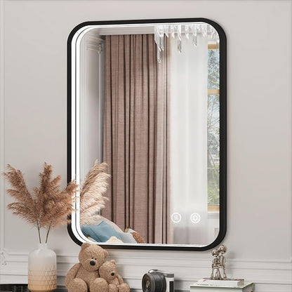 20x28 Inch Black LED Bathroom Mirror with 3 Color Lights | 3000K/4500K/6000K,Stepless Dimmable,Anti-Fog,Memory Function,Aluminum Frame,ETL Listed,Wall Mounted Lighted Vanity Mirror
