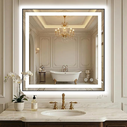 LED Bathroom Mirror with Lights, 30"x30" Black Framed Lighted Vanity Mirror | Anti-Fog, Dimmable 3 Color Temperature, Front & Backlit, Memory Function, Shatterproof Tempered Glass