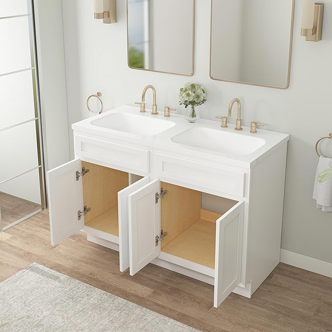 Vanity Art 48 Inch Bathroom Base Cabinet Only, Double Sink Top (Not Include Sink) with Door & Soft Close Hinge, Unassembled Floor Cabinet, White, 2ea 24 Inch Combo