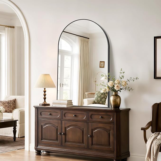 Arched Bathroom Mirror 30x50 Inch, Bathroom Mirror for Over Sink, Wall Mounted Vanity Mirror with Aluminum Frame & Tempered Glass, Ideal for Bedroom, Entryway, Living Room, Mantel, Black