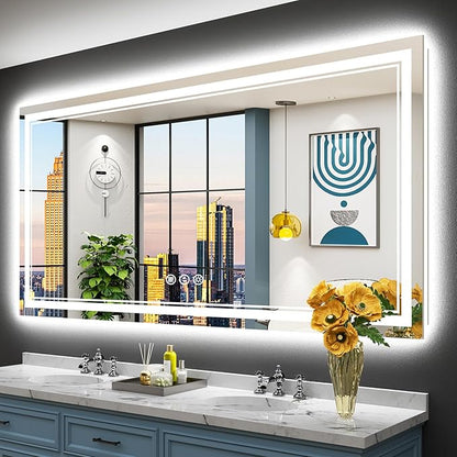 72x36 LED Bathroom Mirror with Lights, Backlit and Front Lit Anti-Fog Lighted Vanity Mirrors for Bathroom Wall, Dimmable, 3-Color Light, Memory, Shatter-Proof, HD Tempered Glass, CRI＞90