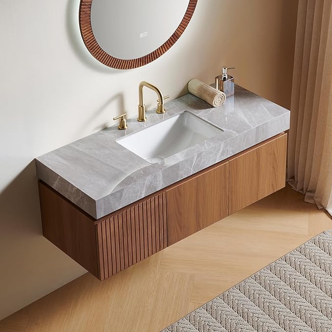 48” Floating Bathroom Vanity with Sink, Wall-Mounted Cabinet with Drawer & Doors, Gray Travertine-Pattern Sintered Stone Top, Undermount Basin, 3 Faucet Hole, Soft-Close, Pre-Assembled, Brown Oak