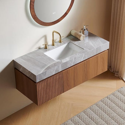 48” Floating Bathroom Vanity with Sink, Wall-Mounted Cabinet with Drawer & Doors, Gray Travertine-Pattern Sintered Stone Top, Undermount Basin, 3 Faucet Hole, Soft-Close, Pre-Assembled, Brown Oak