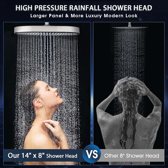 PDPBath 14 Inch Rain Shower Head with 5+1 Settings Handheld Spray Combo, High Pressure Rainfall Shower Head with 16'' Adjustable Extension Arm, 79" Extra Long Hose, 3-Way Diverter, Brushed Nickel