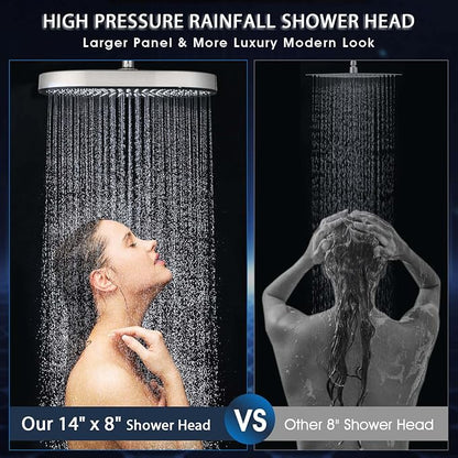 PDPBath 14 Inch Rain Shower Head with 5+1 Settings Handheld Spray Combo, High Pressure Rainfall Shower Head with 16'' Adjustable Extension Arm, 79" Extra Long Hose, 3-Way Diverter, Brushed Nickel