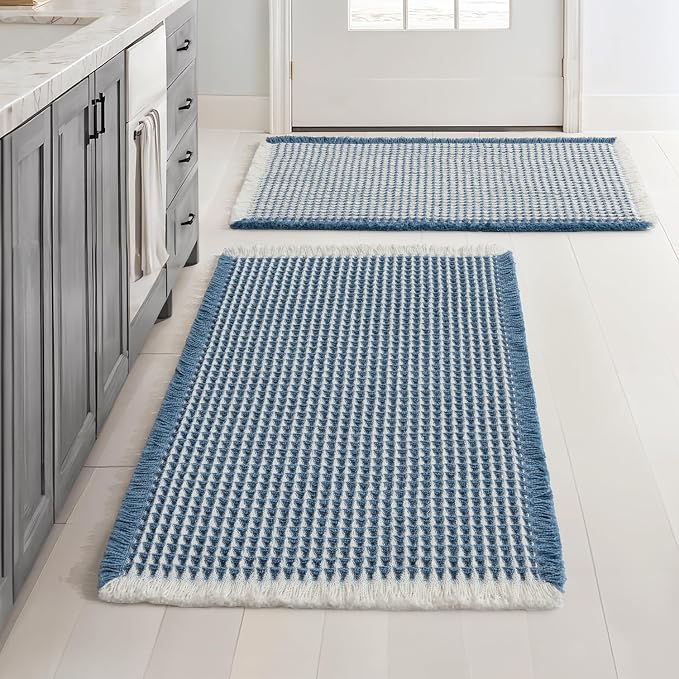 MIULEE Set of 2 Waffle Bathroom Rugs Boho Bath Mat Blue&Cream 18x30 Inch | Non Slip, Super Absorbent, Washable, Ultra Soft, Rubber Backed Bath Rugs for Bathroom Floor Tub Shower