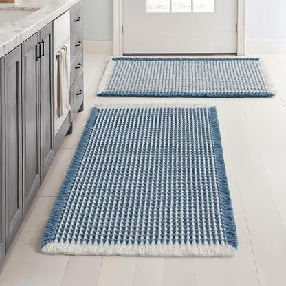MIULEE Set of 2 Waffle Bathroom Rugs Boho Bath Mat Blue&Cream 18x30 Inch | Non Slip, Super Absorbent, Washable, Ultra Soft, Rubber Backed Bath Rugs for Bathroom Floor Tub Shower