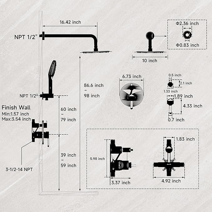 Matte Black Shower Faucet Set, Wall Mount Rain Shower System 10 Inches Shower Head and Shower Handheld, Included Pressure Balance Valve and Trim Kit