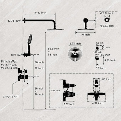 Matte Black Shower Faucet Set, Wall Mount Rain Shower System 10 Inches Shower Head and Shower Handheld, Included Pressure Balance Valve and Trim Kit