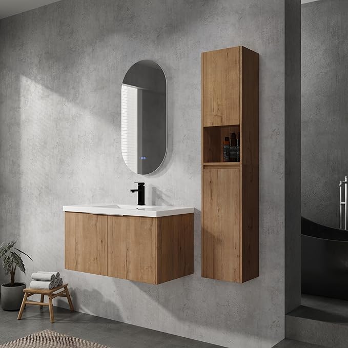 SSLine 36-Inch Single Bathroom Vanity Modern Wall Mounted Bathroom Vanity with Sink 36" Small Floating Bathroom Vanities Set with 2 Side Storage Cabinets,Brown White