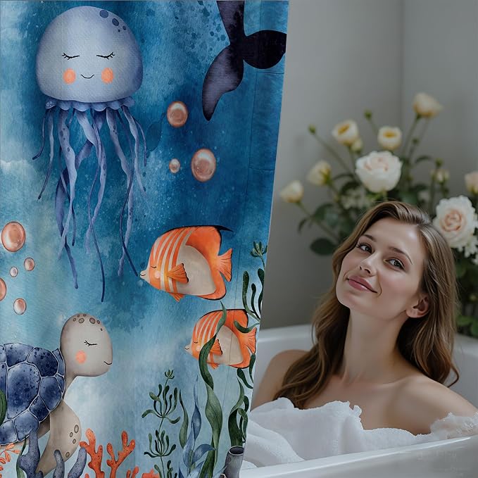 120GSM Beach Theme Waterproof Shower Curtain Set with 12PCS Hooks, Minimalist Watercolor Bathroom Décor,Bathroom Shower Curtains For Sea Turtle Washable Fabric Shower Curtain, 72 x 72 Inch (SeaWorld)