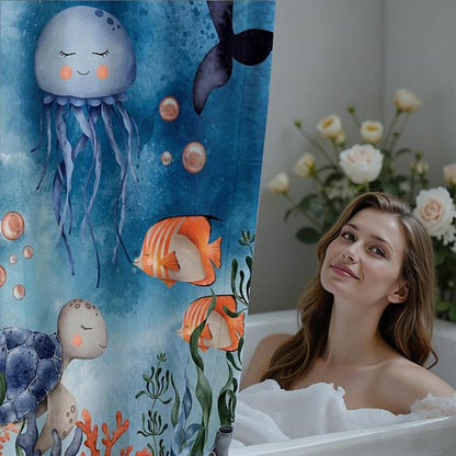 120GSM Beach Theme Waterproof Shower Curtain Set with 12PCS Hooks, Minimalist Watercolor Bathroom Décor,Bathroom Shower Curtains For Sea Turtle Washable Fabric Shower Curtain, 72 x 72 Inch (SeaWorld)