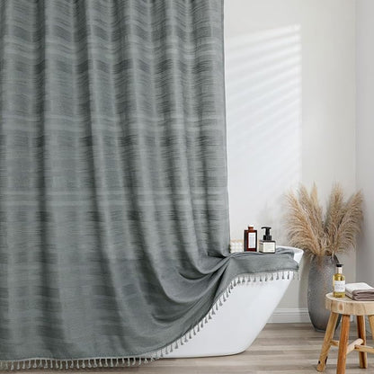 Light Grey Shower Curtain 78 Inch Long, Boho Thick Linen Textured Shower Curtain with Tassel, Farmhouse Minimalist Striped Weighted Machine Washable Bathroom Decor, 72Wx78L Inches