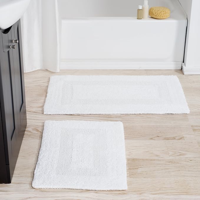 Bathroom Rugs - 2-Piece Cotton Bathroom Mat Set - Machine Washable Bath Mats for Restroom, Kitchen, or Laundry Room by Lavish Home (White)