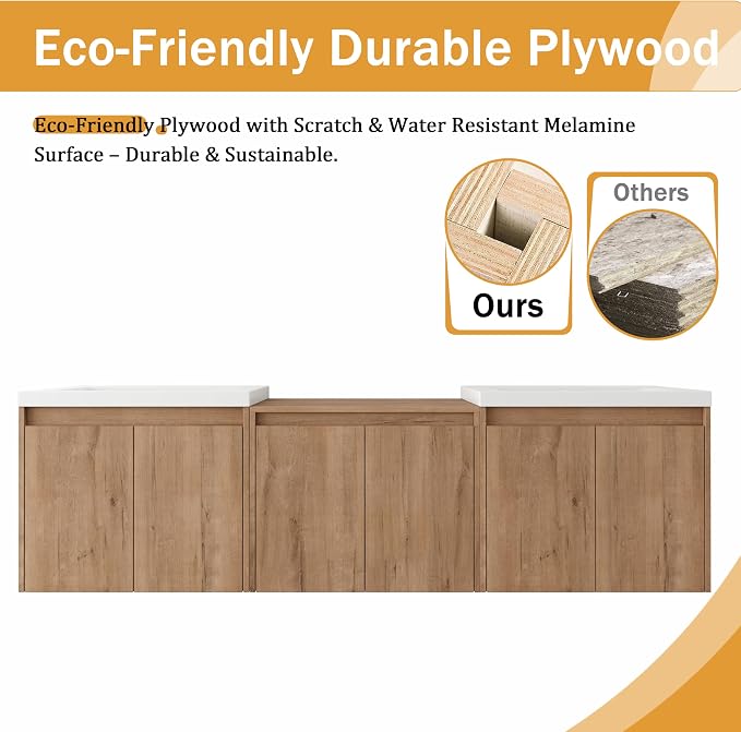 Malwee 72'' Floating Bathroom Vanity with Double Sink, Brown | Wall Mounted Double Sink Combo, Plywood Cabinet, Resin Basin, Ample Storage, Soft-close Hinge, Assembly Required