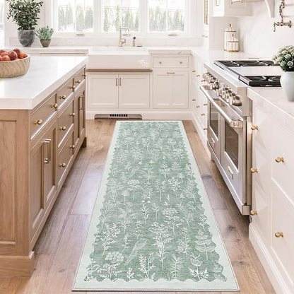 GarveeHome Washable 2x6 Runner Rugs for Bathroom Floral Kitchen Rug Neutral Scalloped Carpet, Non-Slip Hallway Rug Stain Resistant Modern Low-Pile Carpet for ‎Laundry Bedside Entryway(2x6 ft,Green)