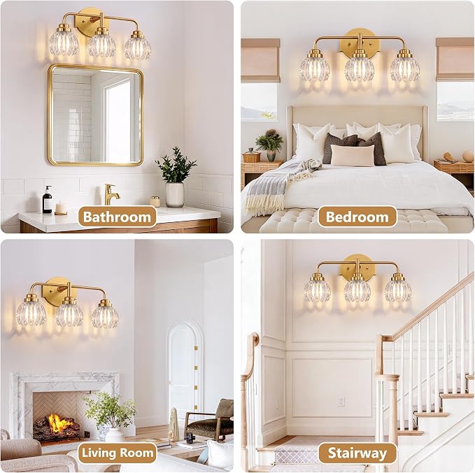 Vintage Bathroom Vanity Light, 3 Light Brushed Gold Fixture Over Mirror | Vintage Vanity Light, Brushed Gold Metal & Crystal Glass Shade, 3 Light Fixture Over Mirror for Bathroom Bedroom