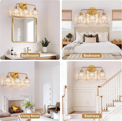 Vintage Bathroom Vanity Light, 3 Light Brushed Gold Fixture Over Mirror | Vintage Vanity Light, Brushed Gold Metal & Crystal Glass Shade, 3 Light Fixture Over Mirror for Bathroom Bedroom