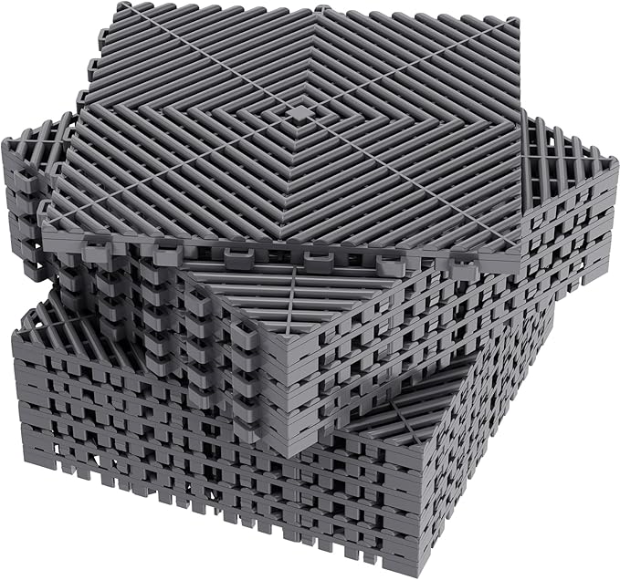 12-Pcs Interlocking Tile, 12" x 12" Indoor/Outdoor Self-Drainage Interlocking Floor Tiles, Non-Slip Heavy-Duty Polypropylene Splicing Flooring Tile for Garage Patio Pool Bathroom, Grey