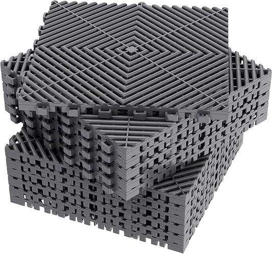 12-Pcs Interlocking Tile, 12" x 12" Indoor/Outdoor Self-Drainage Interlocking Floor Tiles, Non-Slip Heavy-Duty Polypropylene Splicing Flooring Tile for Garage Patio Pool Bathroom, Grey