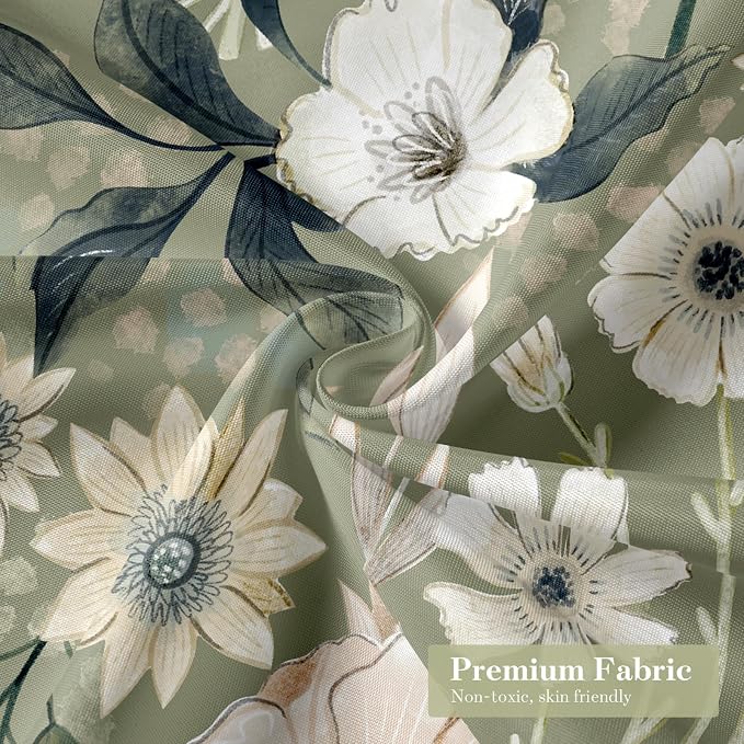 Boho Floral Shower Curtain, Green Botanical Fabric Curtain, 72 x 72 | Boho Chic Floral, Vintage Botanical, Modern Farmhouse, Eclectic Rustic, Colorful Flowers, Fabric Shower Curtain