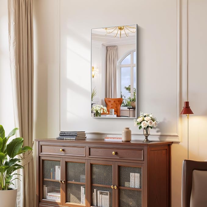 YIROMAN Bathroom Mirror 20"x40", Brushed Silver Bathroom Mirror for Over Sink with Aluminum Frame, Rectangular Vanity Mirror with Right Angle, Wall Mirror Hangs Horizontal or Vertical