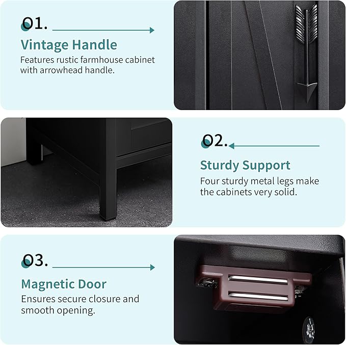 VECELO Small Bathroom Storage Cabinet, Slim Toilet Paper Holder with Shelves & Metal Racks, Organizer Cabinet for Narrow Spaces, Matte Black, Farmhouse Style
