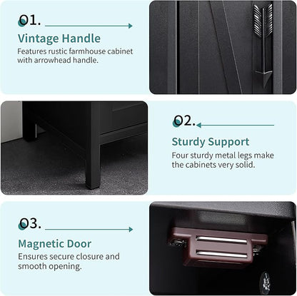 VECELO Small Bathroom Storage Cabinet, Slim Toilet Paper Holder with Shelves & Metal Racks, Organizer Cabinet for Narrow Spaces, Matte Black, Farmhouse Style