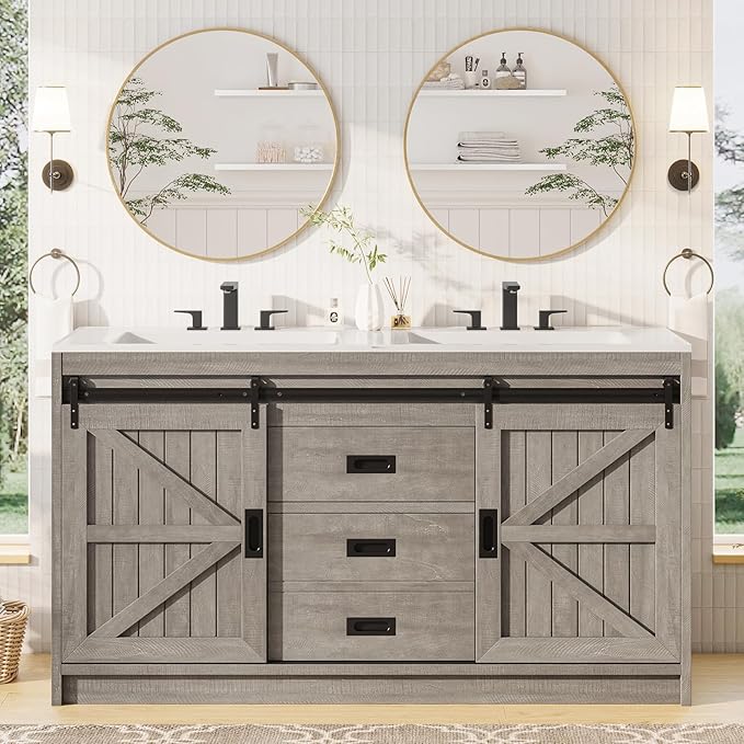 AMERLIFE Double Farmhouse Bathroom Vanity with Sink, 61in Sliding Barn Door Bathroom Storage Cabinet with Sliding Doors & Drawers, Dual Basin, Large Double Bath Vanity Sink Combo, Light Grey