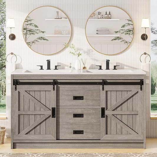 AMERLIFE Double Farmhouse Bathroom Vanity with Sink, 61in Sliding Barn Door Bathroom Storage Cabinet with Sliding Doors & Drawers, Dual Basin, Large Double Bath Vanity Sink Combo, Light Grey