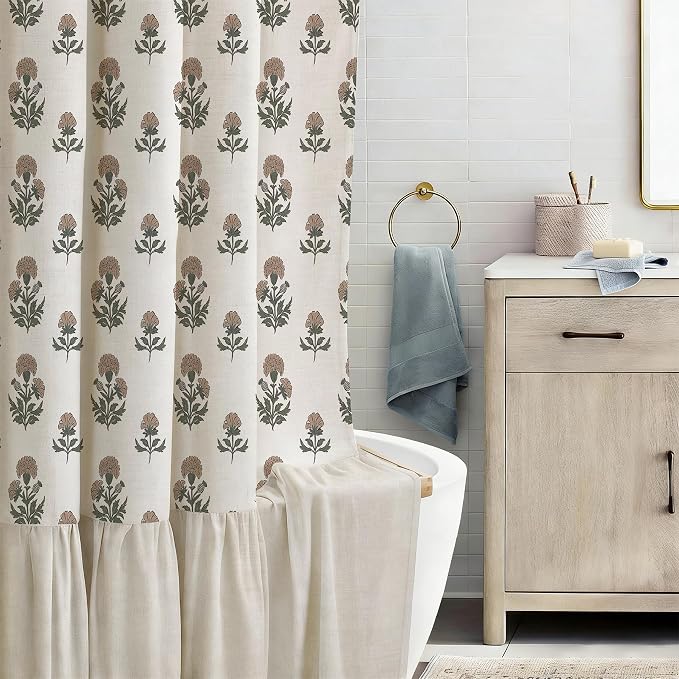 ORTIGIA Linen Textured Ruffle Shower Curtain with Metal Hooks, Vintage Terracotta Brown Floral Block Print Boho Waterproof Bath Curtain for Rustic Farmhouse Bathroom Decor 72x72 Inch