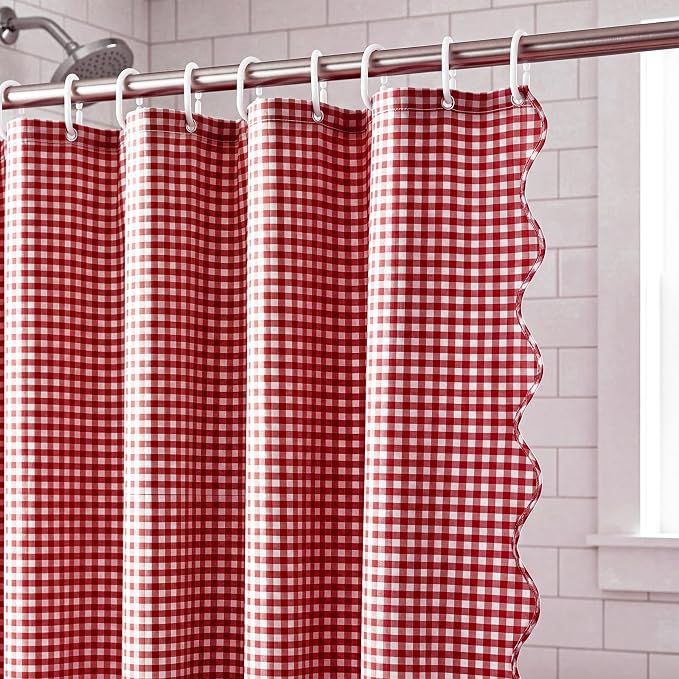 HunnmingRe Scalloped Gingham Shower Curtain Red | 72'' x 72'' Vintage Farmhouse Curtain, Cotton Cottage Core Rural Checkered Plaid Decor, Fall Shower Curtain for Bathroom