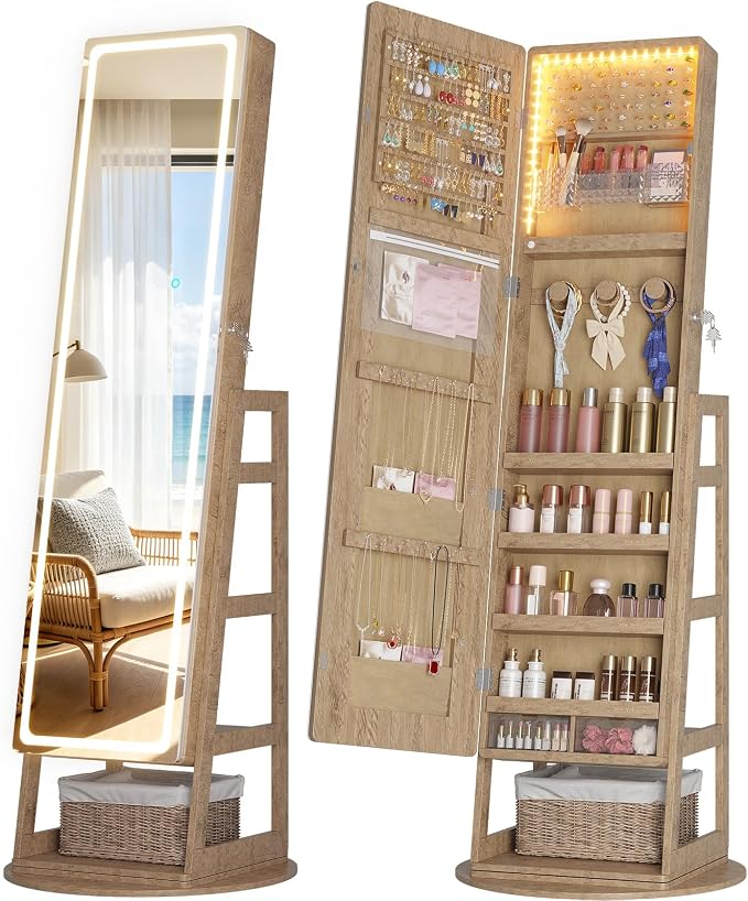 LVSOMT Standing Jewelry Cabinet Mirror with Adjustable LED Light Wood | 63" Lockable Jewelry Armoire Organizer with 4 Rear Shelves & Hooks, 360° Swivel, for Bedroom, Living Room, Women Girls Gift