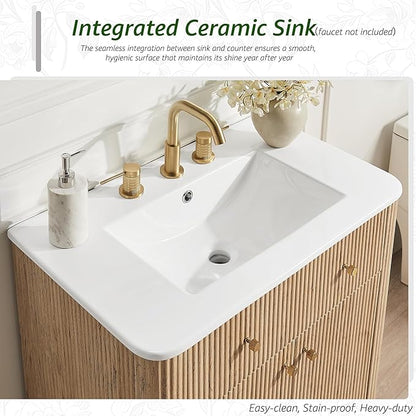 T4TREAM 30 Inch Bathroom Vanity with Sink, Modern Fluted Single Bathroom Vanity with Sink with Storage Cabinet, Adjustable Shelf, Natural Oak