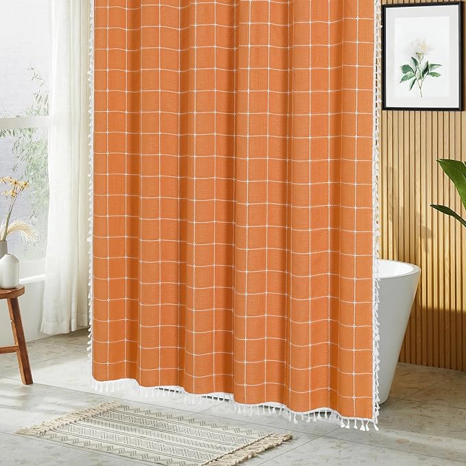 Orange Boho Farmhouse Shower Curtain for Bathroom 72x72 | 320 GSM French Country Plaid Tassel Shower Curtain, Rustic Aesthetic Bathroom Decor Windows Curtain