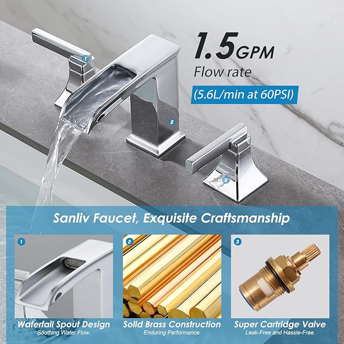 Chrome Bathroom Sink Faucet,Sanliv 3-Piece Widespread Bathroom Faucets for 3-Hole Sinks 4-8 inch,2-Handle Waterfall Vanity Faucet with Drain Assembly,Polished Chrome