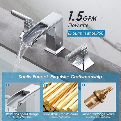 Chrome Bathroom Sink Faucet,Sanliv 3-Piece Widespread Bathroom Faucets for 3-Hole Sinks 4-8 inch,2-Handle Waterfall Vanity Faucet with Drain Assembly,Polished Chrome