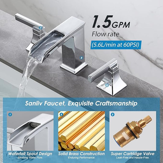 Chrome Bathroom Sink Faucet,Sanliv 3-Piece Widespread Bathroom Faucets for 3-Hole Sinks 4-8 inch,2-Handle Waterfall Vanity Faucet with Drain Assembly,Polished Chrome