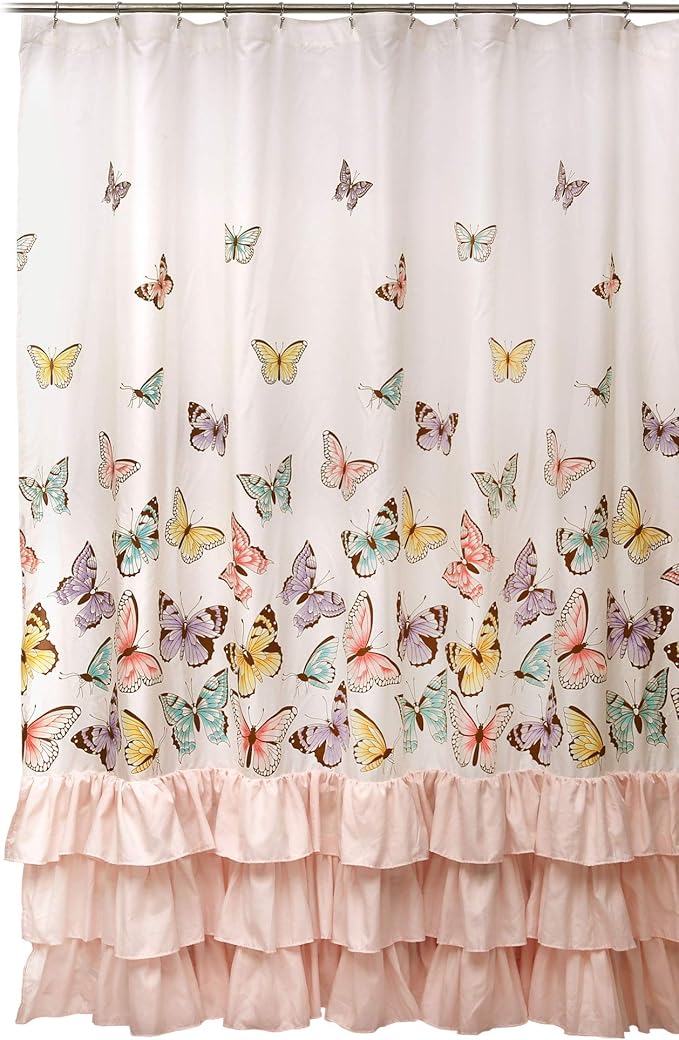 Lush Decor Flutter Butterfly Shower Curtain 72" W x 72" L Pink - Fabric Shower Curtains for Bathroom - Ruffle Bathroom Curtain - Pink Decor