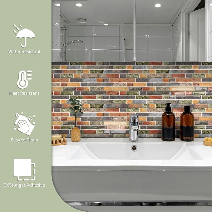 10 Sheets Thick Peel and Stick Kitchen Backsplash Tiles | 3D Waterproof Self Adhesive Wall Tile Stick on Backsplash for Kitchen,Bathroom and Fireplace(Colorful,12"×12")