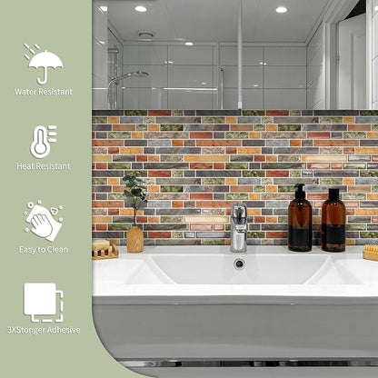 10 Sheets Thick Peel and Stick Kitchen Backsplash Tiles | 3D Waterproof Self Adhesive Wall Tile Stick on Backsplash for Kitchen,Bathroom and Fireplace(Colorful,12"×12")