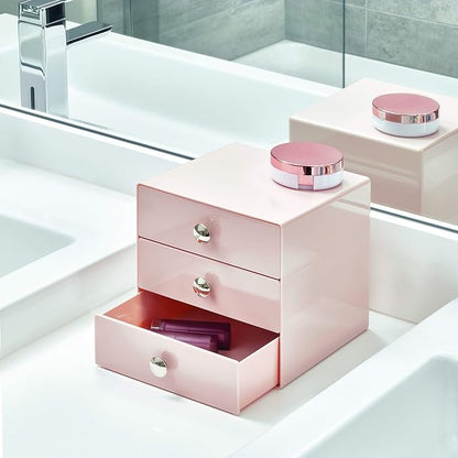 iDesign Plastic 3-Drawer Jewelry Box, Pink, 6.5" x 6.5" x 6.5" | Compact Storage Organization, For Cosmetics, Dental Supplies, Hair Care, For Bathroom, Office, Dorm, Desk, Countertop